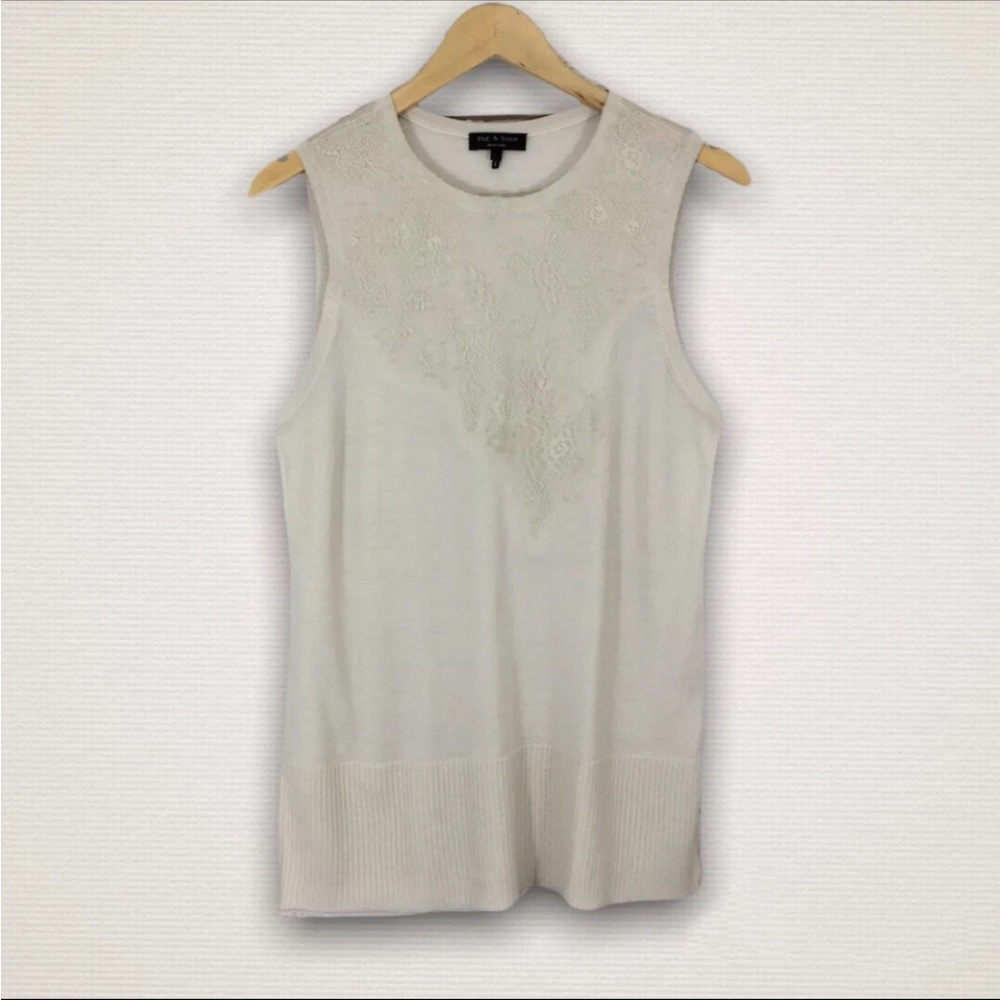Woman's Rag & Bone Medium Carolyn Lace-Paneled Wool Top Ecru Cream MRSP $324